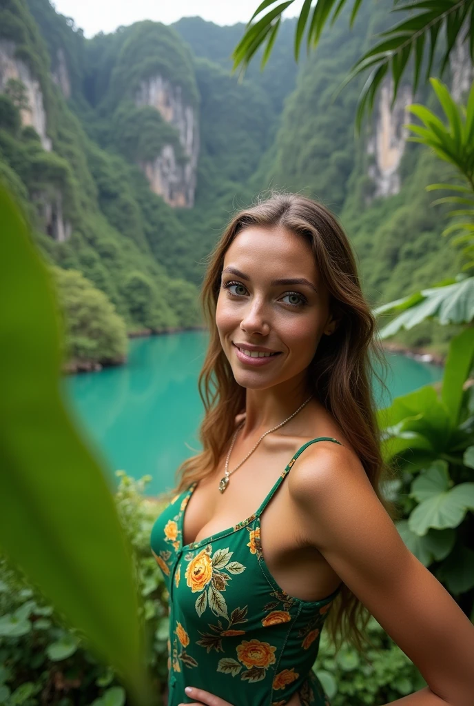 A Brazilian woman with fair skin and blue eyes, in a lush tropical garden, wearing a green dress with floral print , and the natural flowers, showing her natural charm and outgoing personality. Looking at a circular lake with a mountain wall in the background. Imagine a photograph taken from a wide angle lens .