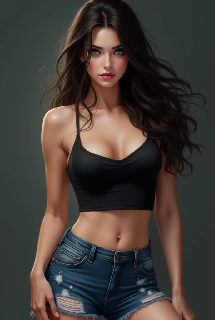 A very pretty woman, with an athletic body and lots of curves and some tattoos. skin fair, sweet face, brown eyes and black hair, long and curly, piercing gaze and wearing sportswear. not anime style. your long hair and your body is what draws the most attention because of your muscles