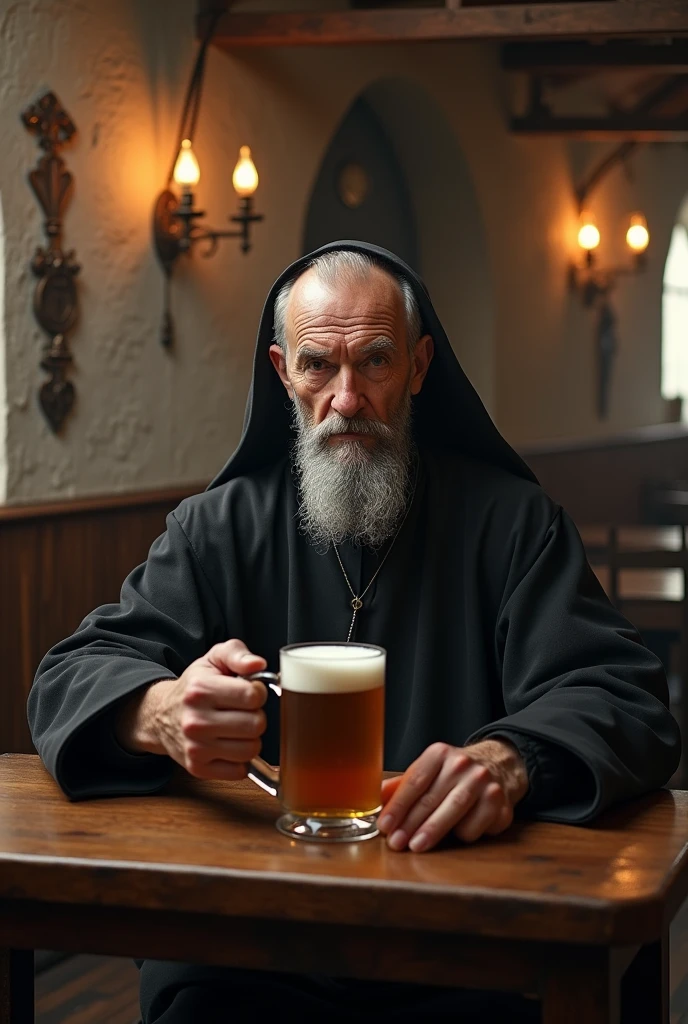 cinematic photo a full body man wears a black robe, face the viewer, having a beer in a pub, detailed face, detailed eyes <lora:DonCamillo1024:0.8> . 35mm photograph, film, bokeh, professional, 4k, highly detailed