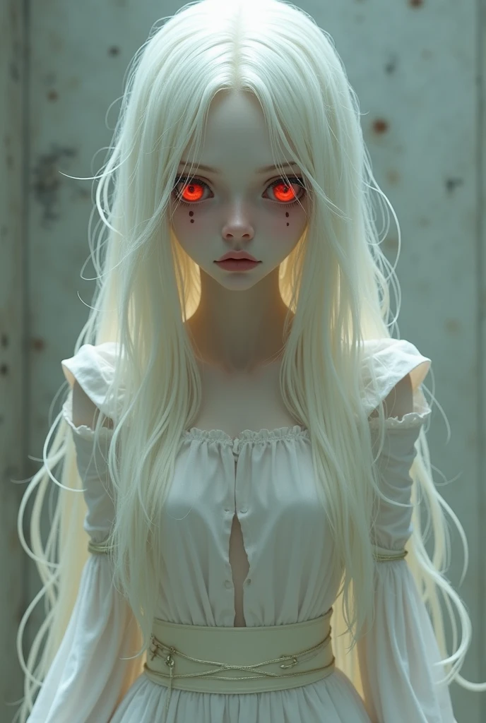 (Realistic painting style:0.9), masterpiece, best quality, absurdres, looking at viewer, solo, (grey babydol:1.5), bronya zaychik, red pupils, large breasts, long hair, grey hair, bangs, grey eyes, earrings, drill hair, hair between eyes, hair ornament, (babydoll:1.3), see-through, bed, expressionless