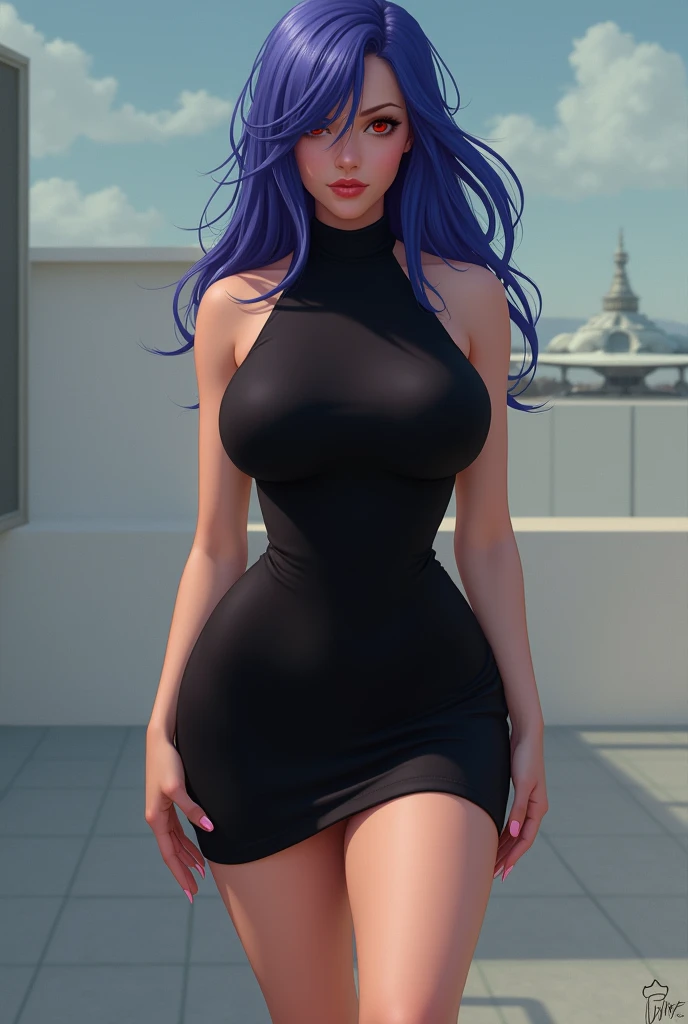 Masterpiece, Ultra-detailed hair, better lighting, better shade, Raiden general,1girll, Raiden Shogun, Breasts, Skirt, Purple hair, Solo, Long hair, Large breasts, Purple eyes, Braid, hindquarters, view the viewer, braidedponytail, hair adornments, Sleeveless, hair flower, Black skirt, shirt, Indoors, flower, , bangs, Bare shoulders, pencil skirts, From behind, window, Thighs, Moles under eyes, Sleeveless shirt, dark mole, White shirt, Blush, Bare arms, Office Lady, Very long hair, plant, Contemporary, parted lip, Extensive nudity，Raised sexy，Miniskirt, Single braid, Closed mouth, purple flower, No underwear，,