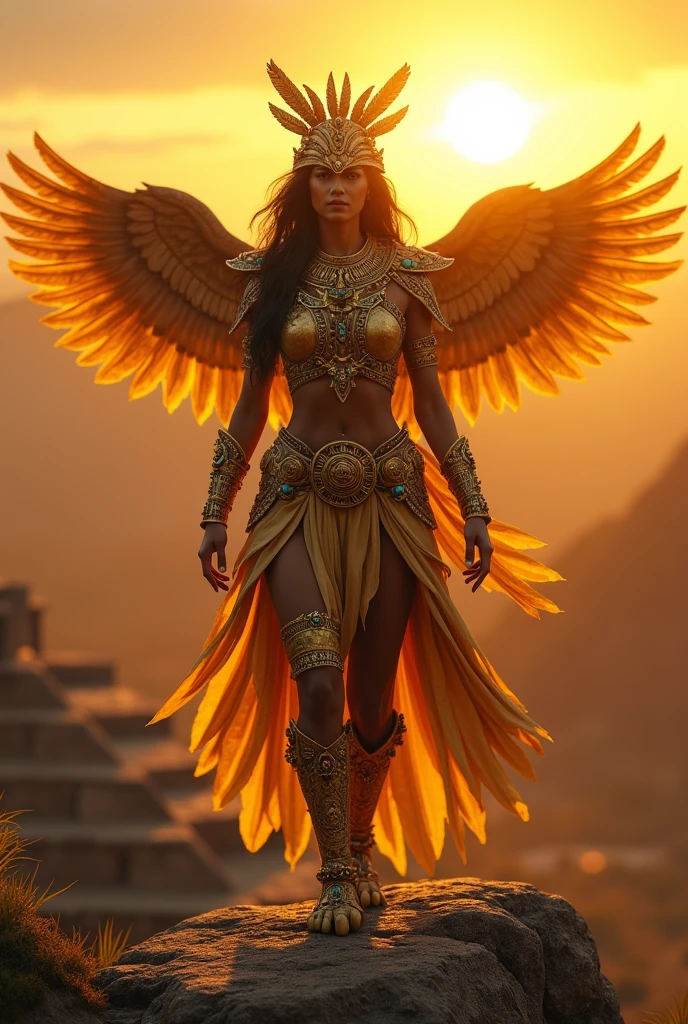 A photo of a majestic female figure adorned in golden armor, complemented by a crown featuring intricate designs and a prominent blue gem. She possesses expansive, feathered wings that radiate a golden hue. The background is ablaze with a golden light, accentuating the ethereal aura of the character. Her gaze is intense and focused, suggesting a sense of purpose or determination.