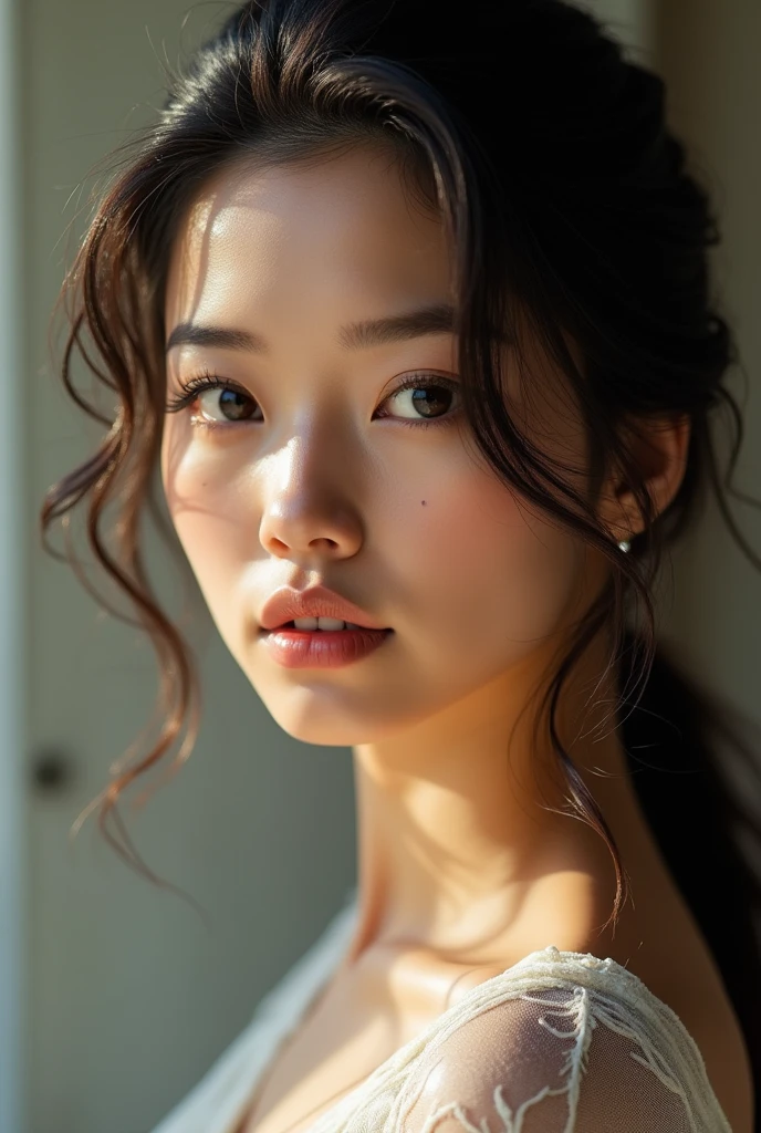 (masterpiece),(Highest quality:1.2),(Very detailed:1.2),(High resolution),(Photorealistic Stick),(RAW Photos),8K,Backlight,(Depth of written boundary),(Sleek lighting:1.2),Close-up of a clothed woman,Soft portrait shots,Beautiful Japanese Women,Gorgeous face portrait,(Eye light,Sharp pupils,Detailed eye drawing,)Very beautiful face,(Detailed skin texture:1.3),Beautiful portrait,A lovely and delicate face,Beautiful young Japanese woman,Short Bob,Look this way,front,(POV shot),(sleepy)