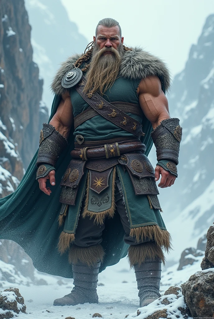 The image shows an imposing warrior, Possibly inspired by Norse mythology, With a powerful and fierce appearance. The warrior has a long beard and blond hair, Both with braids, Which gives them a wild appearance. He wears a dark fur cloak that falls over his shoulders and covers his back. Their torso is bare, Showing his marked musculature and tattoos on his arms.
In his right hand he holds a large ax with a bright edge, Which reinforces his terrifying warrior aspect. The warrior is walking on a wooden bridge in the middle of a foggy atmosphere, Which adds a mysterious and epic air to the scene. The light in the image is soft and dim, With a glow that seems to come from the back, Creating a dramatic contrast between the figure of the warrior and the foggy background.
To create an identical work, You would need to capture all these elements: The powerful pose of the warrior, Their attire and weapons, The texture and color of the fog, And the atmosphere of the bridge, All in a composition that highlights the strength and mystery of the character.