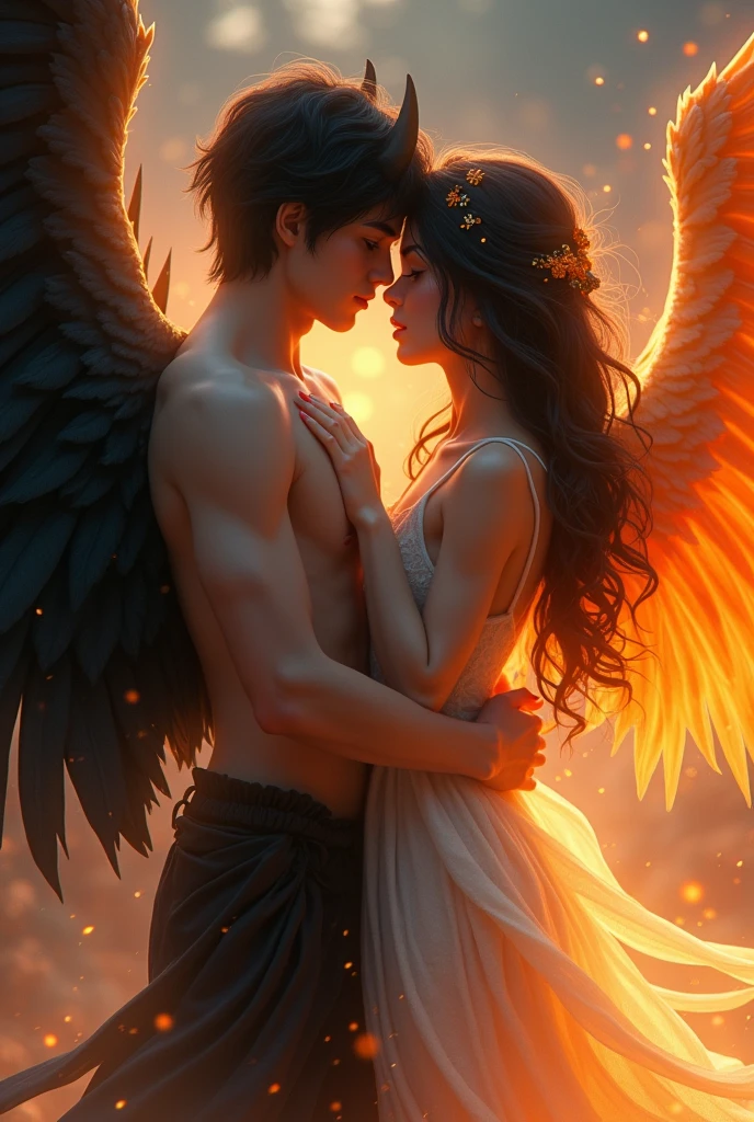 A 2 fair male, half human and half phoenix standing next to a beautiful 20 year old dark haired female, half human and half raven. They both are in love