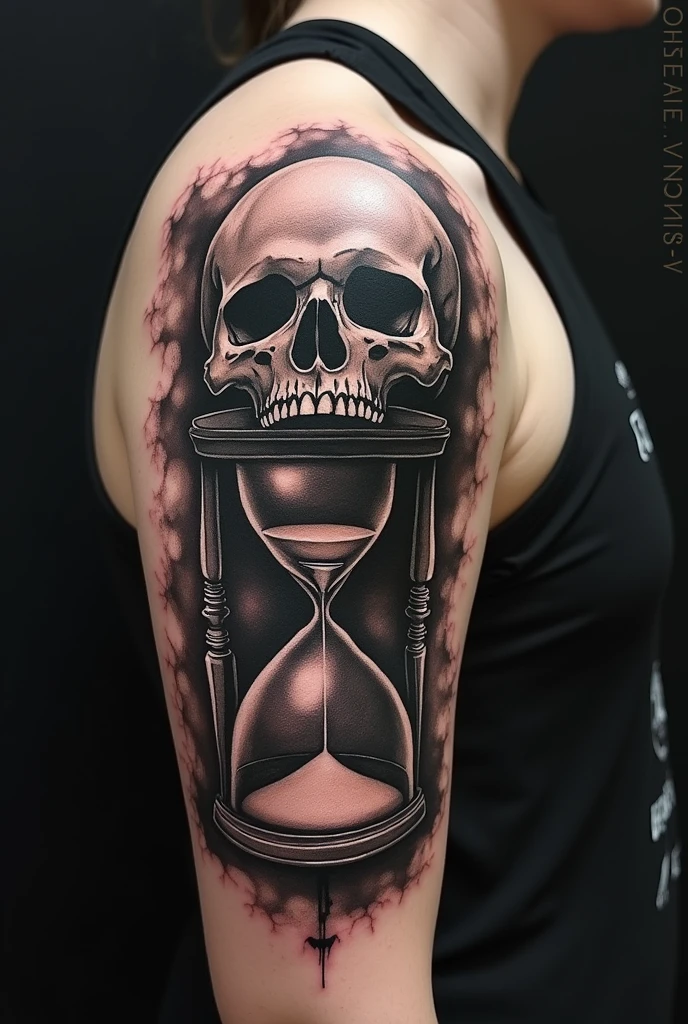 Close-up of the clock，with skulls and roses on it, realism tattoo design, concept tattoo design, Realistic tattoo illustration, realism tattoo sketch, tattoo design, 3D design for tattoo, black and grey tattoo style, Black and white ink&#39;, hyper - realistic tattoo sketch, skull tattoo, tattoo art, tattoo sketch, over detailed art, during night