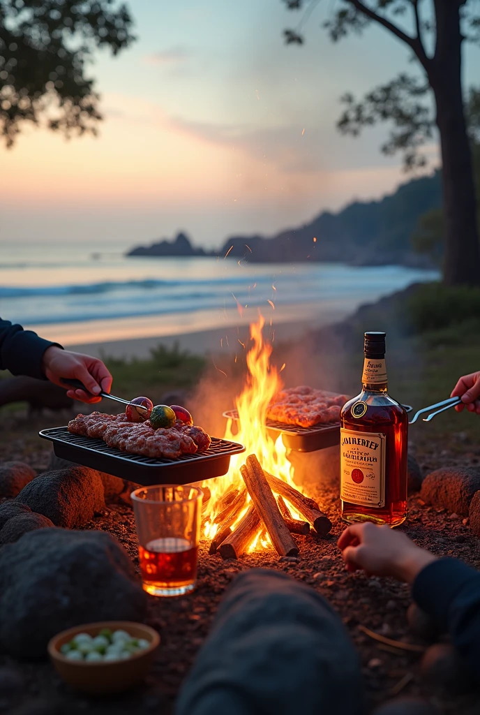 Barbecue, roasting meats, cold beer under wooden table, Beach, sunset, light smoke coming out over meats, 40 megapixel, 8k.