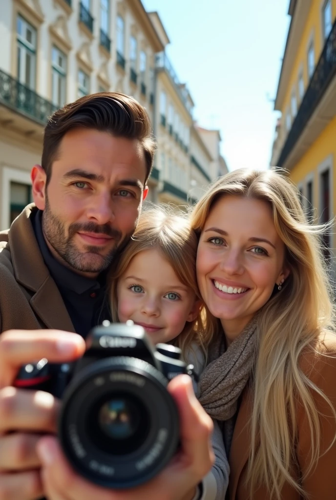Blonde child , blue eyes very long hair hugging her father, brown hair and eyes and her mother blonde green eyes long hair taking a selfie on the streets of London 8k ultra realistic 