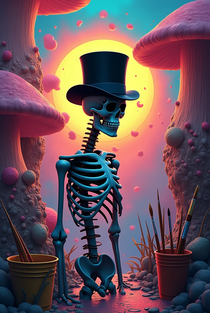 ShroomPunkAI, bioluminescence, skeleton, messy environment