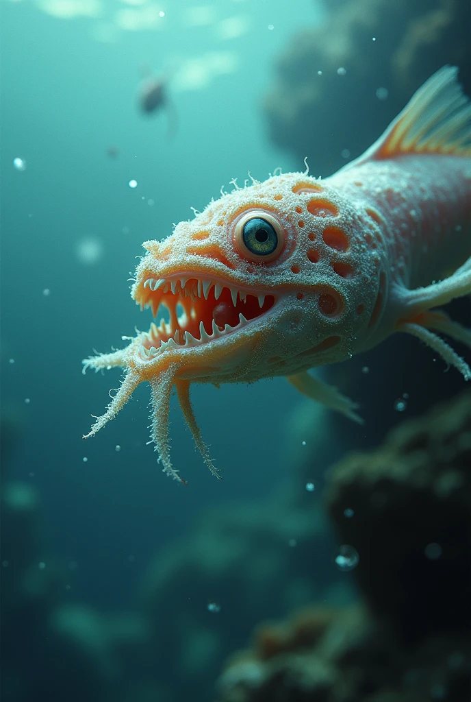 underwater, fish, dead fish, fishbone, huge teeth, blood in water, dead fish fighitng over meat, zkeleton<lora:zkeleton-sdxl:1>