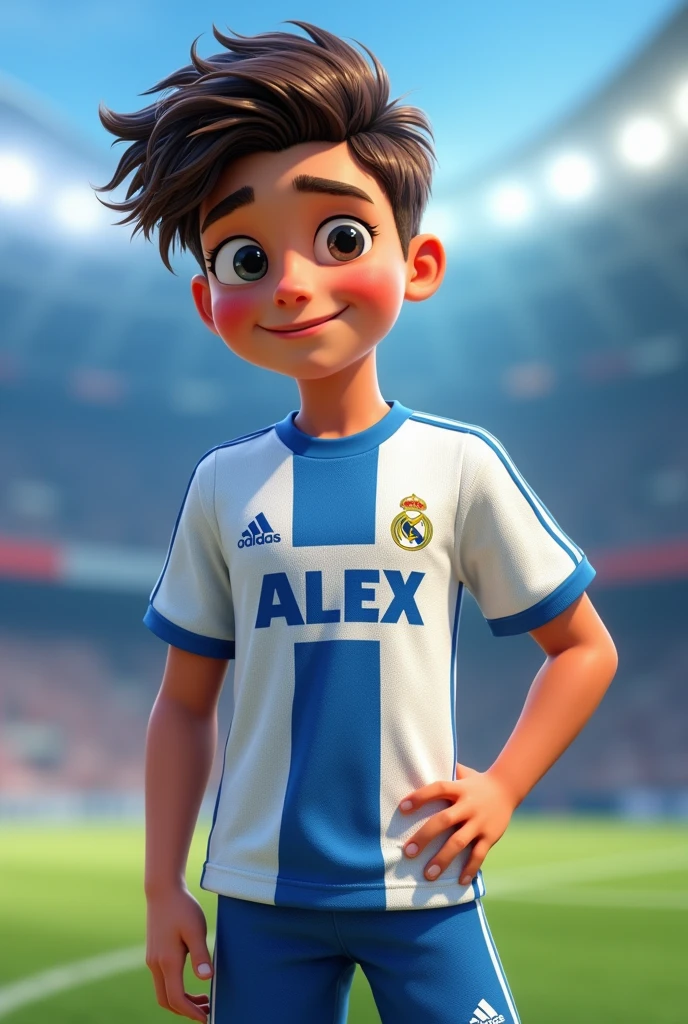 Boy wearing a Madrid shirt with his name on the back and the number 7
