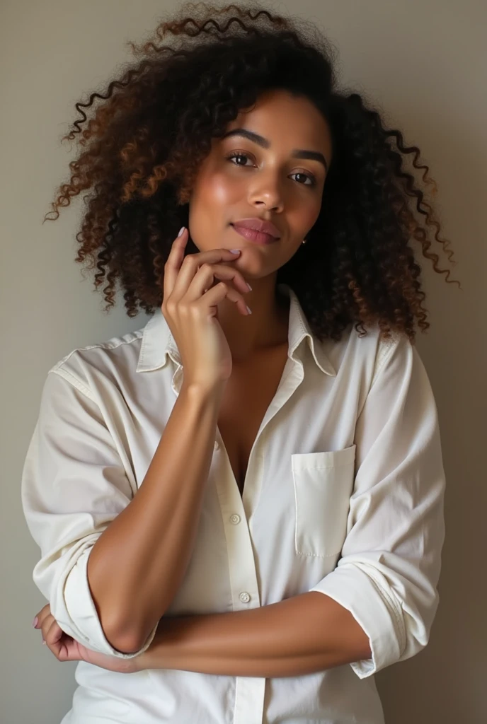 young black woman aged 21 ,white blouse , hair on the shoulder in an apartment .