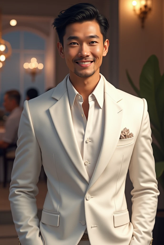 best quality, Masterpiece, High resolution, HD, super sharp face sitting , surreal, beauty, handsome guy without beard, rich asian couple, 2, stately and stylish, high end designer clothing, Smile, talent, at dinner, dance a part de two