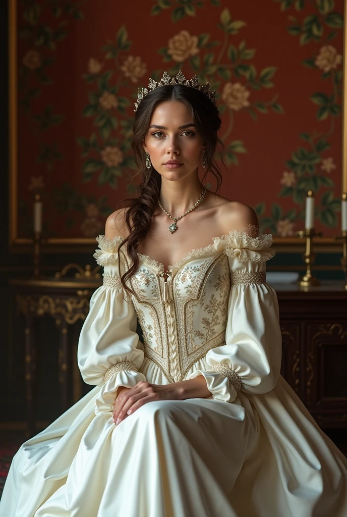 photo of (LitAmDum01:0.99), a woman as a princess_peach, modelshoot style, (extremely detailed CG unity 8k wallpaper), photo of the most beautiful artwork in the world, professional majestic oil painting by Ed Blinkey, Atey Ghailan, Studio Ghibli, by Jeremy Mann, Greg Manchess, Antonio Moro, trending on ArtStation, trending on CGSociety, Intricate, High Detail, Sharp focus, dramatic, photorealistic painting art by midjourney and greg rutkowski, (pink long-sleeved dress:1.1), ((wearing a crown)), ((long white gloves)), ((sitting on a throne)), (looking at viewer:1.3), (detailed pupils:1.3), (modern outfit:1.2), (closeup), dimly lit, absurdres <lora:epiNoiseoffset_v2:1.2>