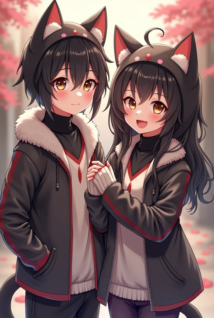 Neko couple costume for men and women,cabello oscuro, brown eyes, jacket with hat , Anime coat