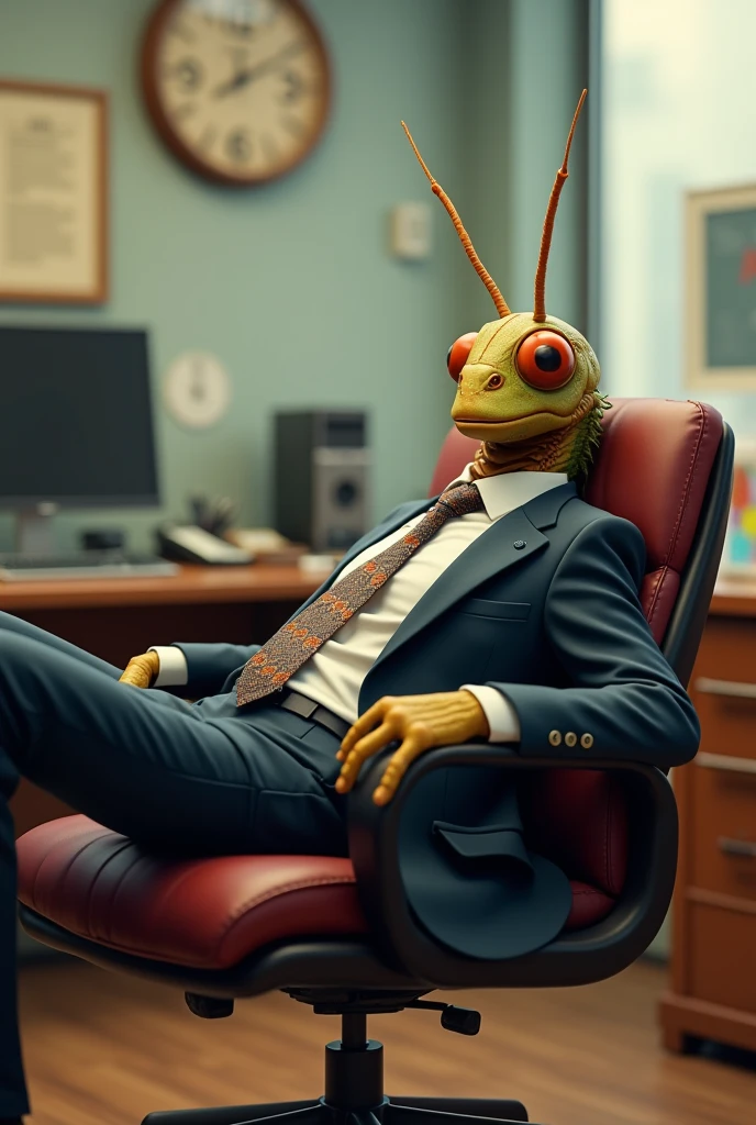 Yellow locust sitting on a chair and smoking
