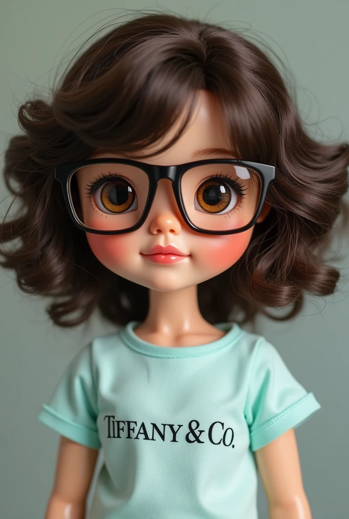 blythe doll with short brown hair, brown eyes with glasses and brown skin 
