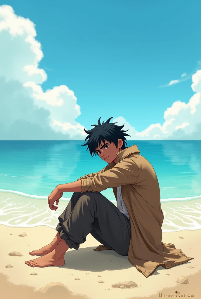 best qualtiy，Refined face，25-year-old boy，Short brown hair and curly hair，beachside，White shirt，sitting on a stool，on  back，sea beach，early evening，the night，bonfires，Melancholic，Intense and dramatic imagery，the moving visual effects