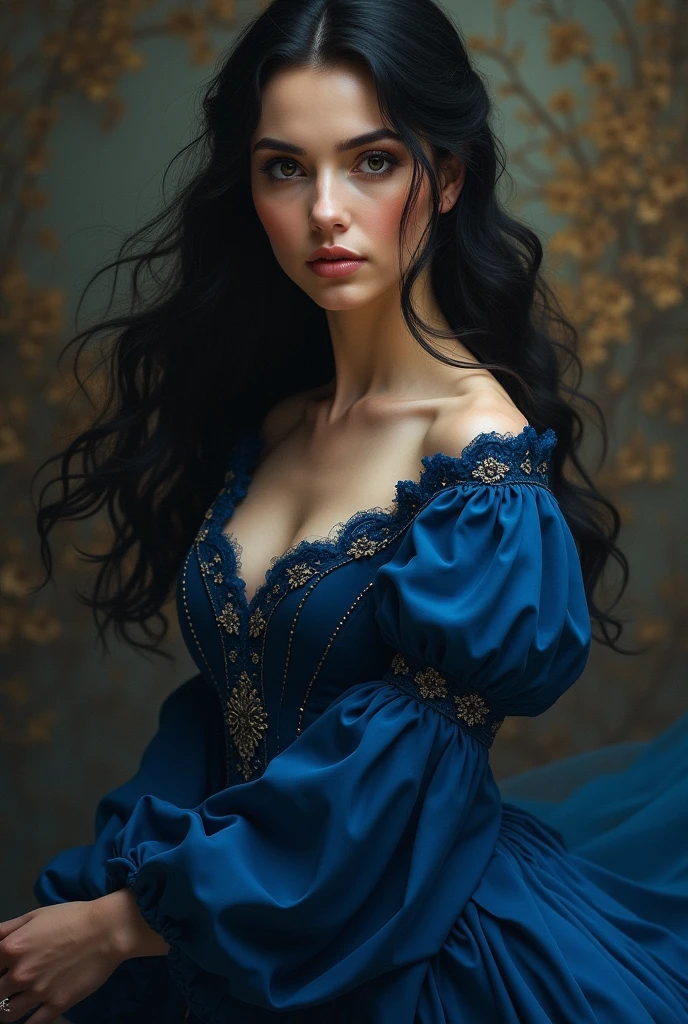 (illustration) a duchess with blue eyes and black hair in a sapphire castle