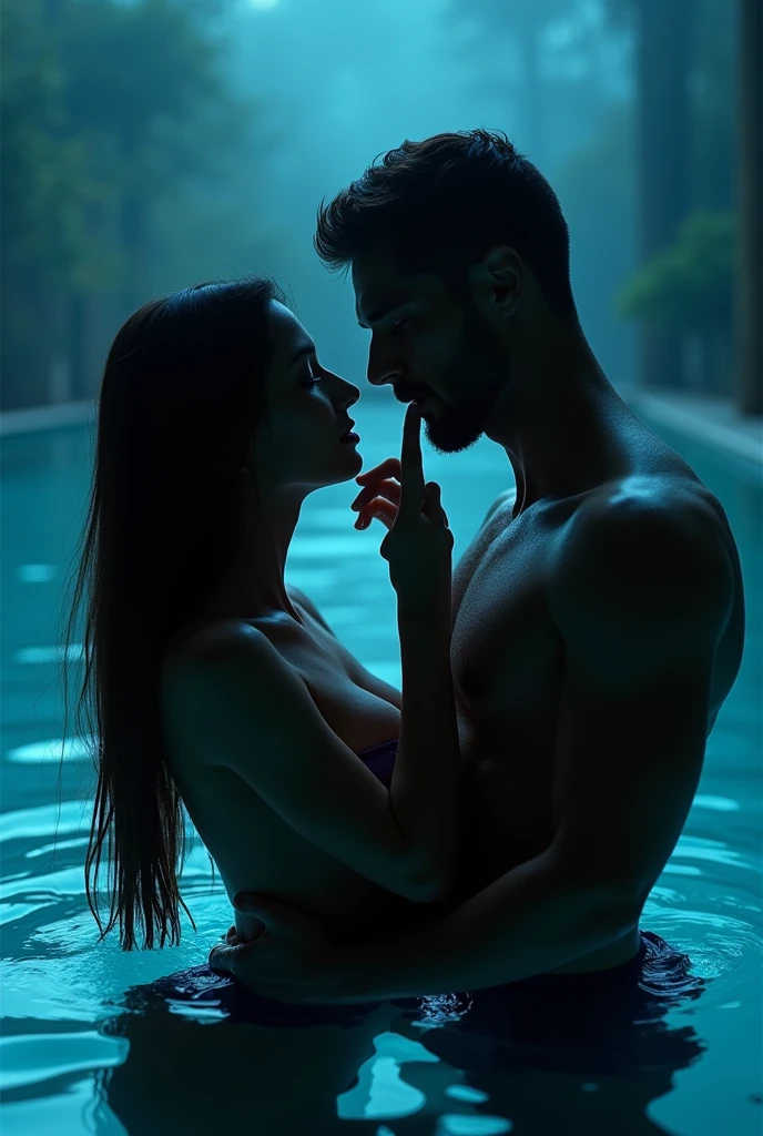 Naked Man And Woman Kissing Swimming In Pool At Night