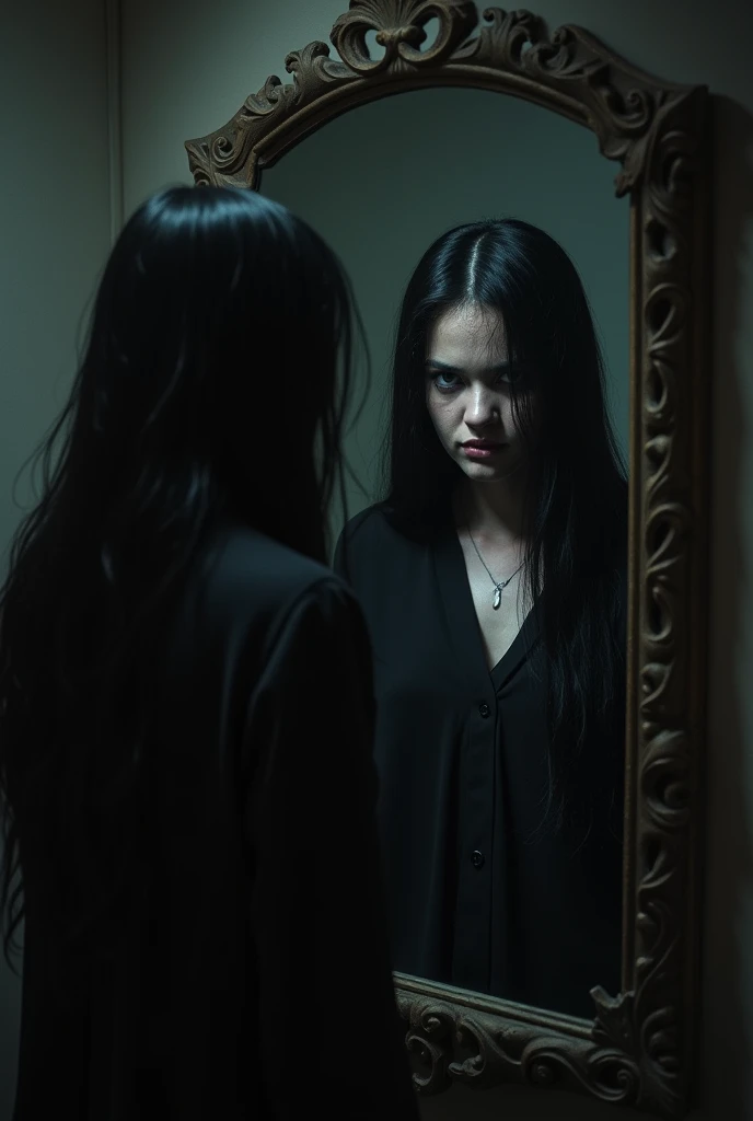 A woman with dark skin and black hair looking in the mirror, someone appears behind her, a dark, scary, gloomy environment with candles.