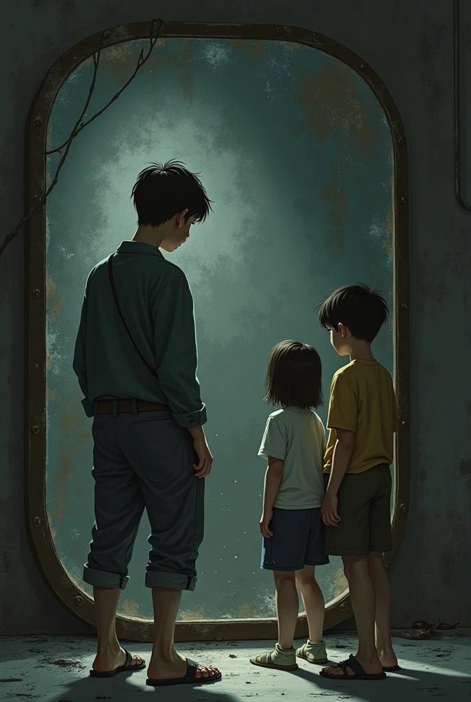 background sea, Two boys walking from Spain, each at a distance, and above them a red thread uniting them in a realism style 