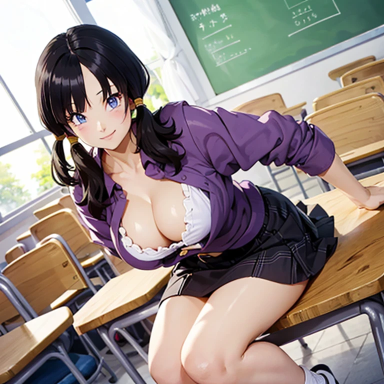 ( masterpiece , top quality),a girl, natural lighting , glamorous body, beautiful big , plum thighs ,beautiful skin, Shirts with open buttons , plaid ruffle skirts, In school classrooms , (greedy eyes , perfect face , violet eyes , nice smile), ( Glassy hair , CABELLO MORADO), beautiful legs ++, Quiero besar++, Saori o , full body , Sitting in a folder, he saw, pigtails, sexy cross legs , miniskirt , trousers