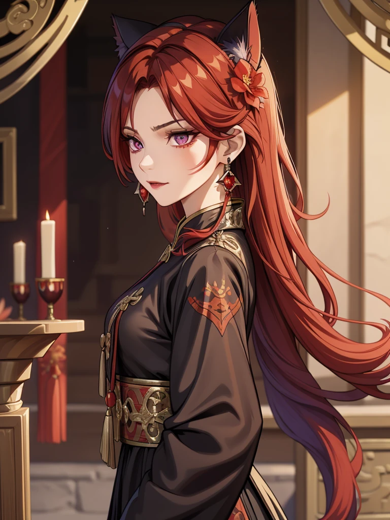 My sweet vampire (, thin, black and red hair) lies on his crypt, joy, colmillos, purple eyes, purple hanfu, elegant, Ancient China, Chinese national costume,mermaid, chained, handcuffs,belts,Fake Animal Ears, Masterpiece, Accurate, Best Quality, From Side, Hair Flower, Cat Ears, Earrings, 