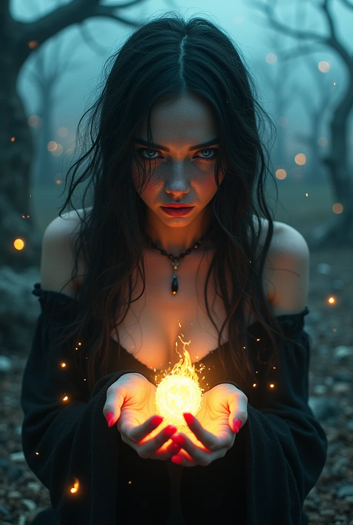 (A gorgeous 23-year-old Italian woman,cleavage,curvy body,ancient dark magic priestess,gothic,horror movie,spooky scene,hyperrealistic,photorealistic,best quality,8k,ultra-detailed,vivid colors,dramatic lighting,chiaroscuro,moody,cinematic)ethereal. ((Glowing energy in her hands))Lightning. Power.