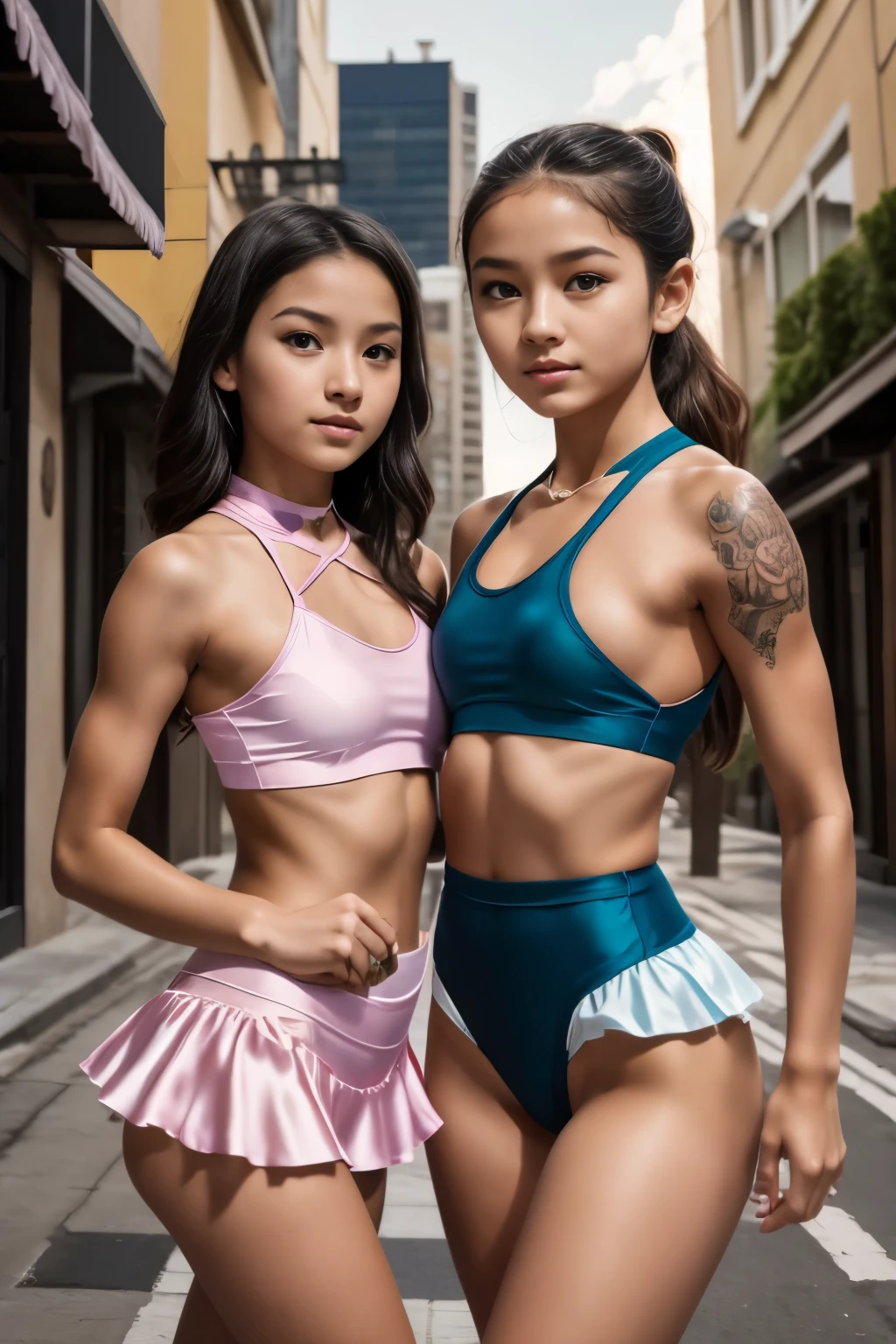 Award winning picture, Masterpiece, intricate details, (photorealistic), sharp picure, trending on artstation, Jasmine, jacket, leotard, thigh highs, cute tween girl, in the street, Two 18 year old tween dancers, two close friends, athletic thighs, Asian models, colored hair, cute athletic clothes, choker, enticing, skinny models, thin athletic models, tattoos, silk, detailed outfit, many colors, skinny thin body, beautiful models helping each other stretch , lululemon, athleta, Keiki Kona, detailed actress face, bending over, shibari, flowy skort, leotard with cutouts, ruffles