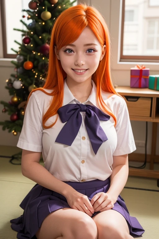 orihimeinoue, medium_breasts,Flower hair clip,( Purple eyes :1.5), smiling,(japanese school uniform),( orange hair :1.5), masterpiece,  Best quality , Big Thighs, at school with a Christmas tree and gifts in the living room...