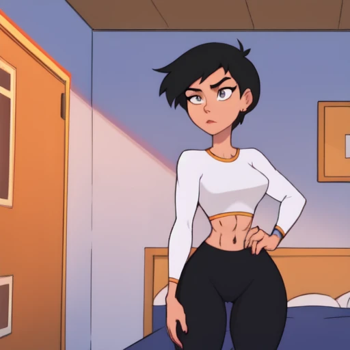 Masterpiece, Best_QualityPos, RAW photo, intricate details, best quality, 8k uhd, soft lighting, 1girl, solo, grey eyes, very short black hair, bob cut, light-skinned, short hair, standing up, beautiful female anatomy, tight long white sleeve shirt, black yoga pants, short breasts, abs , background bedroom, Lois Lane