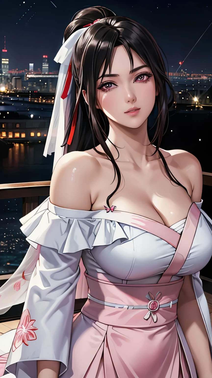 red eyes, (highest quality, masterpiece painting:1.3), immature woman, , (half body shot), masterpiece, ultra high resolution, (Photoreal:1.0), black hair, ponytail, straight hair, beautiful shining hair, white and shining skin, ((Ultra realistic details)), octane rendering, highly detailed face, (big breasts:0.8), complete pilotsuit, adjusted pilotsuit, (red pilotsuit),cleavage, perfect body, soft skin, anime face, perfect face, perfect eyes, looking at the viewer, smart, deep in the night, Moon Night, The rooftop of a building overlooking the city, Night sky with the moon shining, photon mapping, Radio City, ((fantastic night)), ((outdoors)), sharp focus, intricate details, professional artwork, (bright colors:1.1), bright colors, diffused lighting, digital blending, ultra-definition body, ultra detail hair, super detailed face, trending on pixiv, top button open, Cute gaze, compensate, perfect lips, perfect compensate, Ultra-precision coating,  (glare :1.0), BREAK (white and light-pink theme:1.4), (Japanese style wedding dress:1.3), (tone on tone:1.3), (wedding veil with ribbon:1.4), (fusion of white off-shoulder kimono tops and light-pink Sheath-line maxi-length skirt with obi:1.4), ((white choker, halter neck):1.3), (kimono collar), (kimono sleeves with cherry blossom pattern print:1.3), (white wedding veil on head:1), ((pink obi, big ribbon on waist):1.3), (bridal shoes:1.2),