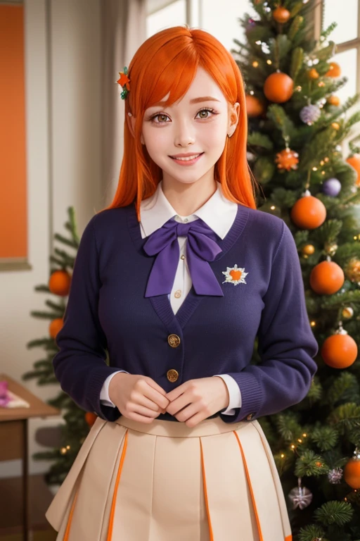 orihimeinoue, medium_breasts,( brooch flower hair clip,flower hair clip blue , brooch placed close to the ears,star-shaped brooch ),( Purple eyes :1.5), smiling,(japanese school uniform),( orange hair :1.5), masterpiece,  Best quality , Big Thighs, at school with a Christmas tree and gifts in the living room...