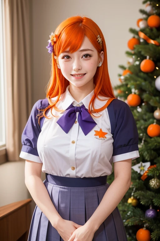 orihimeinoue, medium_breasts,( brooch flower hair clip,flower hair clip blue , brooch placed close to the ears,star-shaped brooch ),( Purple eyes :1.5), smiling,(japanese school uniform),( orange hair :1.5), masterpiece,  Best quality , Big Thighs, at school with a Christmas tree and gifts in the living room...