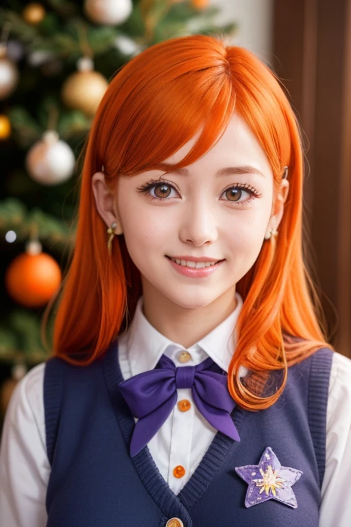 orihimeinoue, medium_breasts,( brooch flower hair clip,flower hair clip blue , brooch placed close to the ears,star-shaped brooch ),( Purple eyes :1.5), smiling,(japanese school uniform),( orange hair :1.5), masterpiece,  Best quality , Big Thighs, at school with a Christmas tree and gifts in the living room...