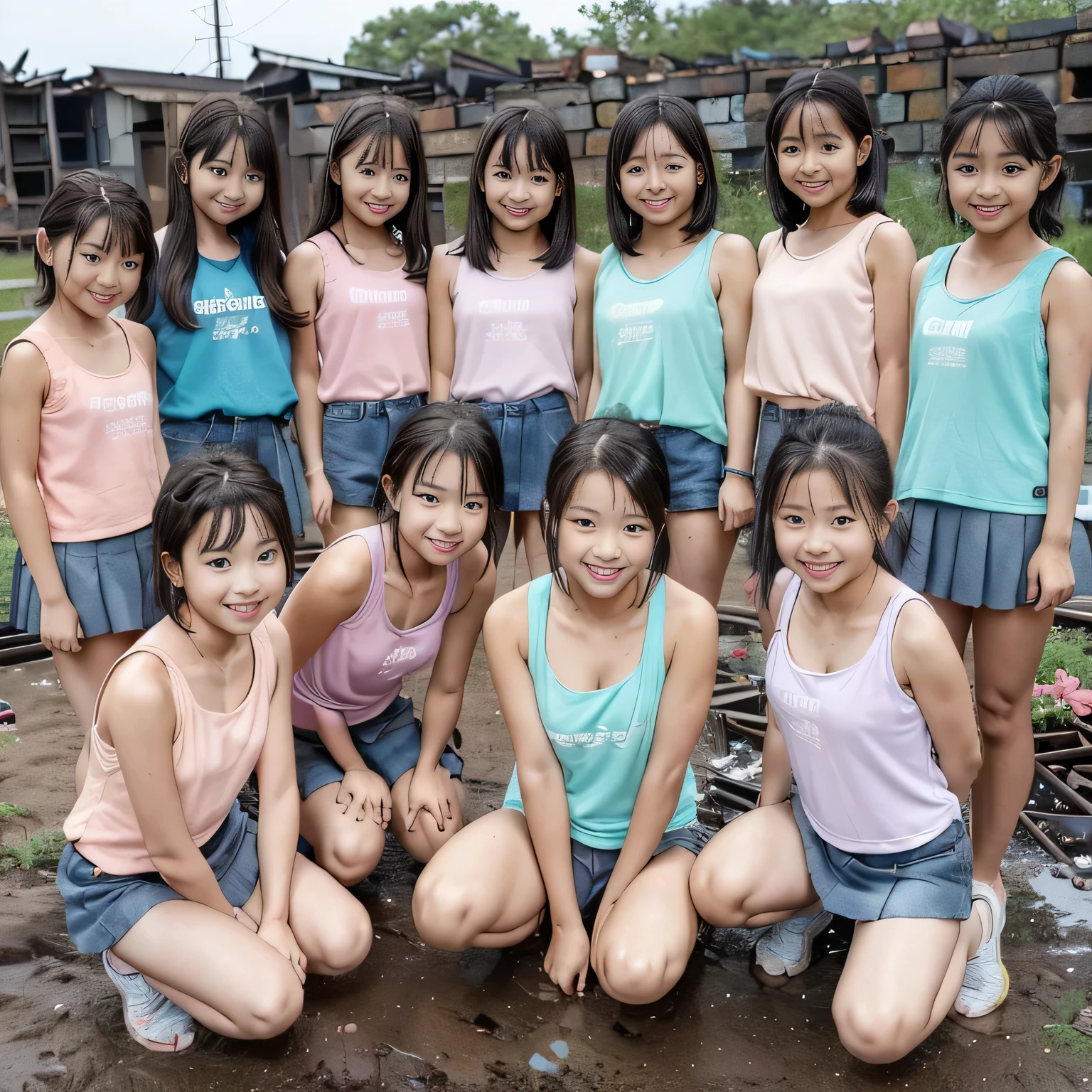 Japanese s、(  There 5 cute   ) ,((Group of 5)),Cute Girl Model,((harem )),  5 elementary school studentsrls are underdeveloped  ,  ((  no makeup at the coal mine   )) ,  High image quality, masterpiece, Accurate,  ((   pastel tank top t-shirt  )), ( Pastel Westcross   ),    red cheeks                  , Best Quality, smile,  Realistically Staring           , (   There                :1.4),(  Medically accurate   ),,((   There           :1.4)),((      Classmates     )),   {{x}}    staring at the camera   ,smile,(( There are lots of female classmates )),  At school playground
