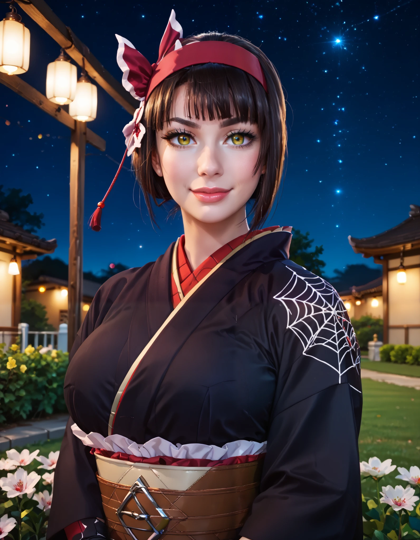 Score_PnyReal,BREAK,1girl, solo, (huge breasts,large breasts:1.2),long eyelashes,thick_lips,(PDXL2:1.5), headband,kimono,obi,gloves ,tsukimio,yellow eyes,black hair,1girl in full growth, outside,city,midnight,cloudy,(starry night:1.1),lights,cherry_blossoms,flowers, grass, plants,summer season,looking at viewer, from above,,v-shaped eyebrows, light smile,