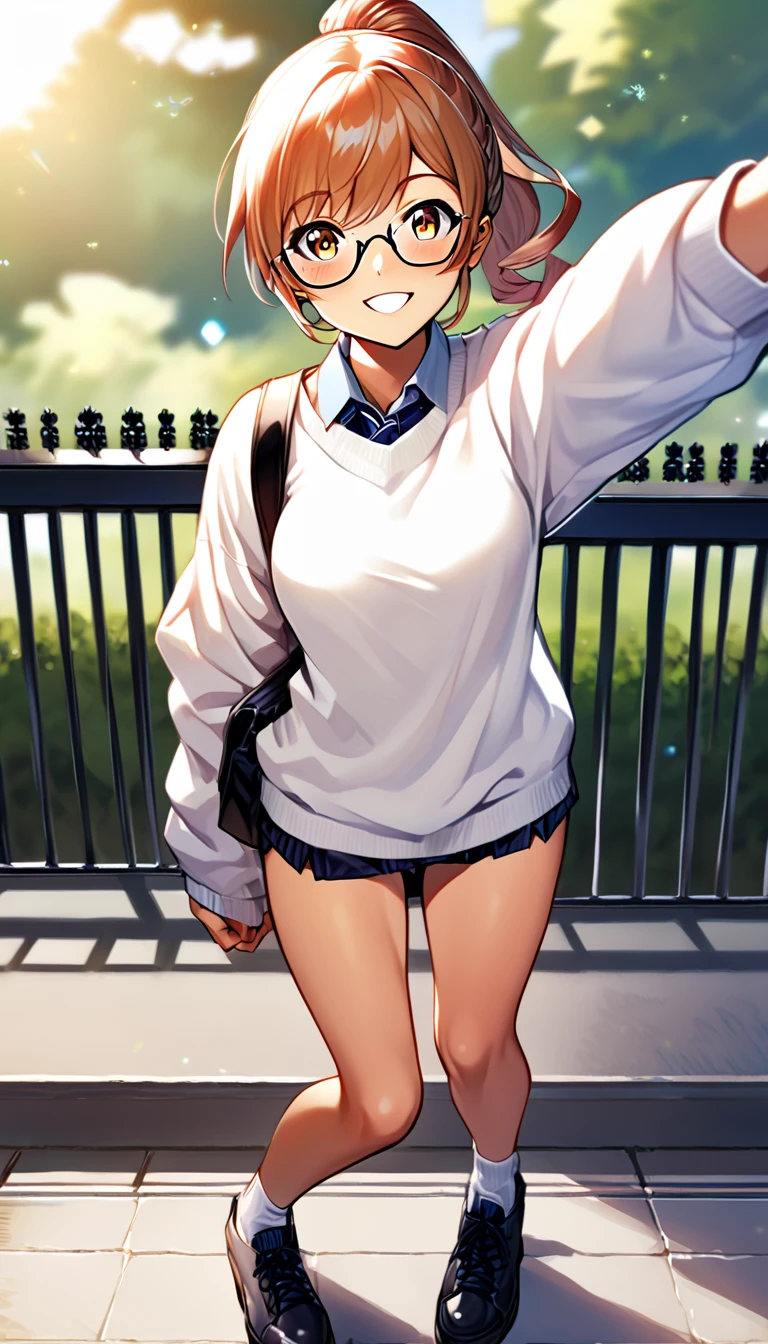 A girl of normal height,  tanned girl dressed like a student,   Using a ponytail ,  smiling,  short hair, black and curly , big ass and medium breasts looking from the front (( wearing glasses 