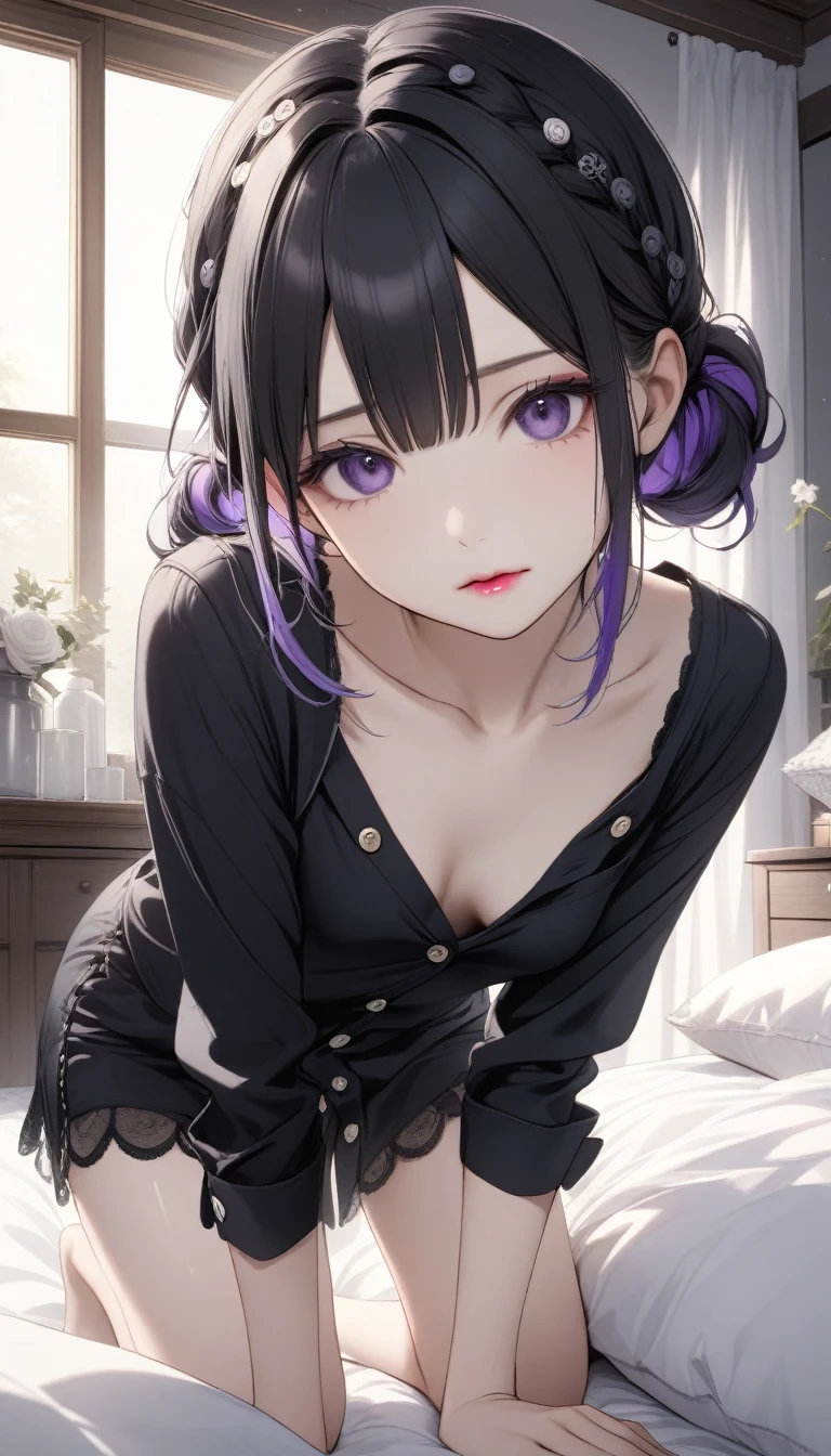 Eliza from Tekken, short black hair with bangs passing past her shoulders, short hair at the back of her head, soft gothic makeup on her eyes, purple lipstick, light casual blouse with a low neckline, short black skirt made of light fabric, sitting on the edge of the bed while caressing her face of a young man who is sleeping