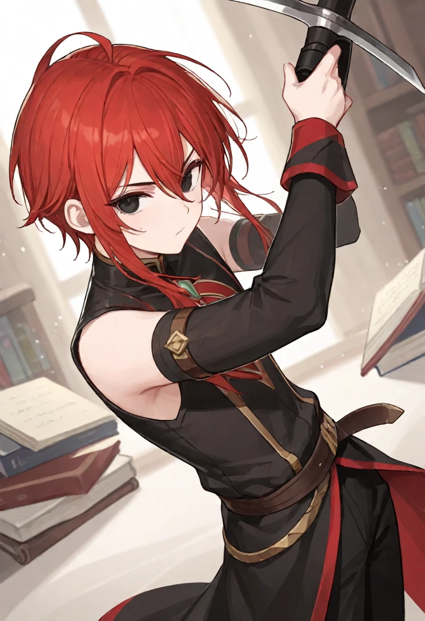 A tall androgynous man with crimson hair and black eyes, a librarian wielding the magic of words, (best quality,4k,8k,highres,masterpiece:1.2),ultra-detailed,