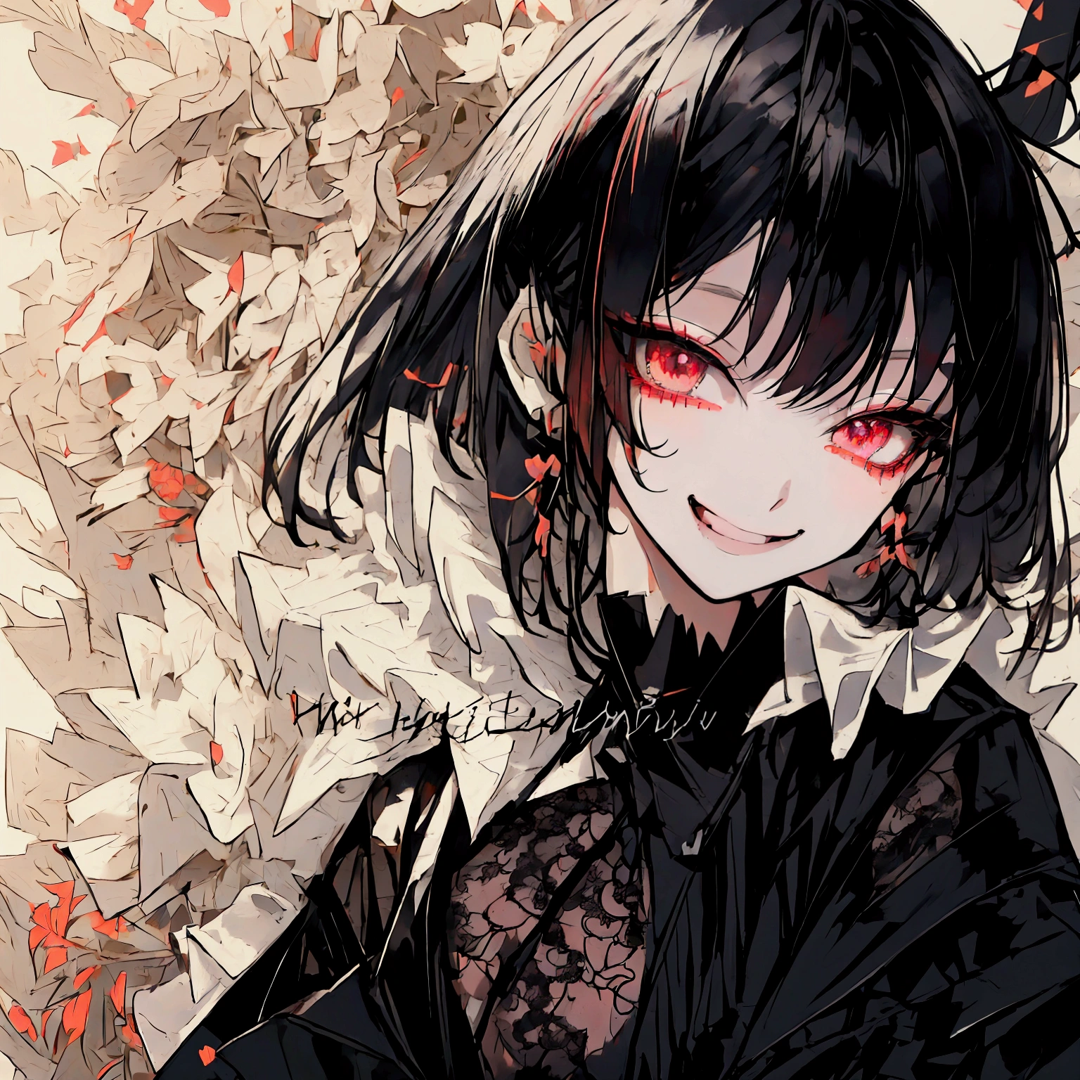 High quality,4K,detail,anime,Kawaii,((1girl,Jirai-kei fashion,Smiling with her mouth open)),Girls with Bordeaux makeup ,( clothes with dark layered ruffles and lace),close-up portrait,(( I have a cigarette in my hand)),yandere vibe,perfect hand