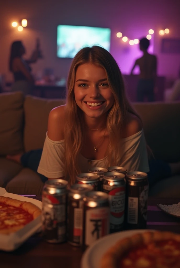 Masterpiece, best quality, (very detailed CG unity 8k wallpaperest quality), (best illustrationest shadows), 25 years old girl, blonde hair, face perfect, wet t-shirt, white hipsters, inside bar, laughing, blurred background, Film Lighting、Dramatic light, standing, photo from the front
