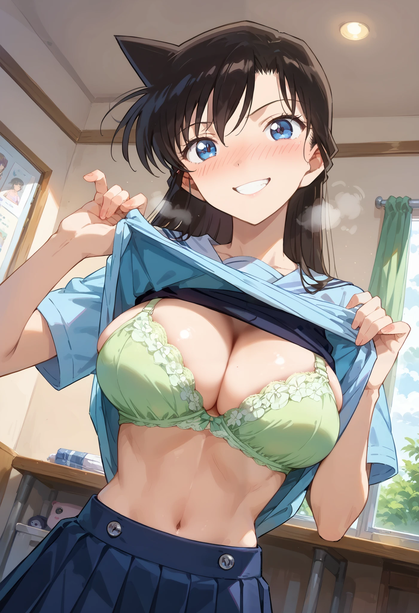 Mouri Ran、 Conan、名探偵 Conan,Ran Mori,school uniforms, (large breasts:1.2),(athletic body),full bust,busty,(Beautifully shaped breasts:1.1) ,(round breasts),((slender)),(curving waist) ,(Skinny Body),((perfect body)),
(naughty smile),breath,smirk,nose blush,(breast focus),random situation,(breast close-up),indoors,bedroom,((shirt lift up)),(color bra:1.2),(undressing),Undressing,(Voyeur-style angle:1.2),( is peeking at her changing clothes),((Voyeurism))