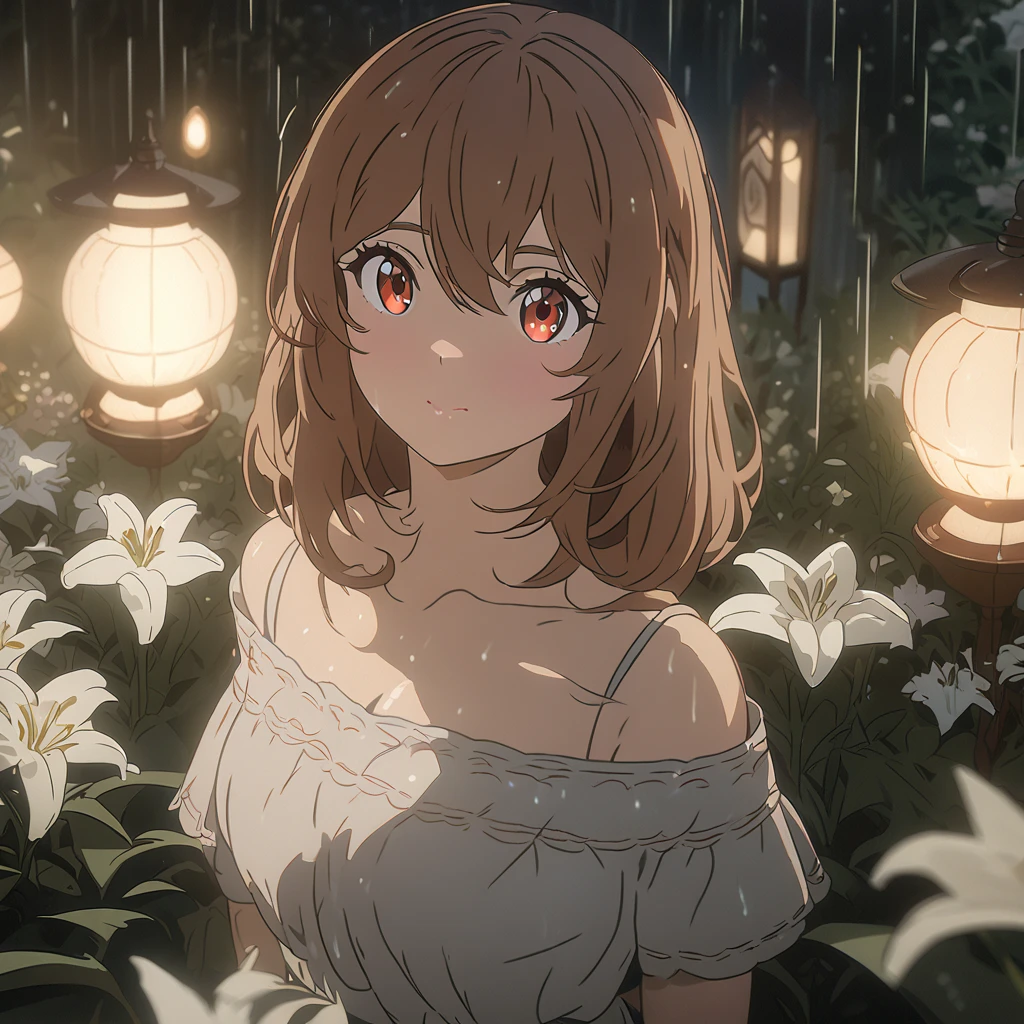 Beautiful anime girl with long brown hair, amber eyes, and rosy cheeks, wearing an off-the-shoulder gray shirt, standing in a garden with white lilies, soft lighting from lanterns, gentle rain falling, detailed, anime style, 8k, masterpiece, trending on artstation, pixiv fanbox