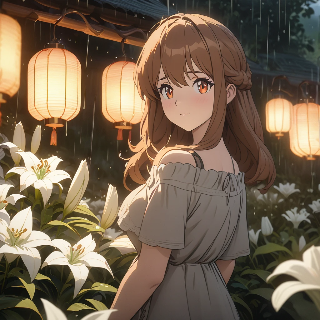 Beautiful anime girl with long brown hair, amber eyes, and rosy cheeks, wearing an off-the-shoulder gray shirt, standing in a garden with white lilies, soft lighting from lanterns, gentle rain falling, detailed, anime style, 8k, masterpiece, trending on artstation, pixiv fanbox