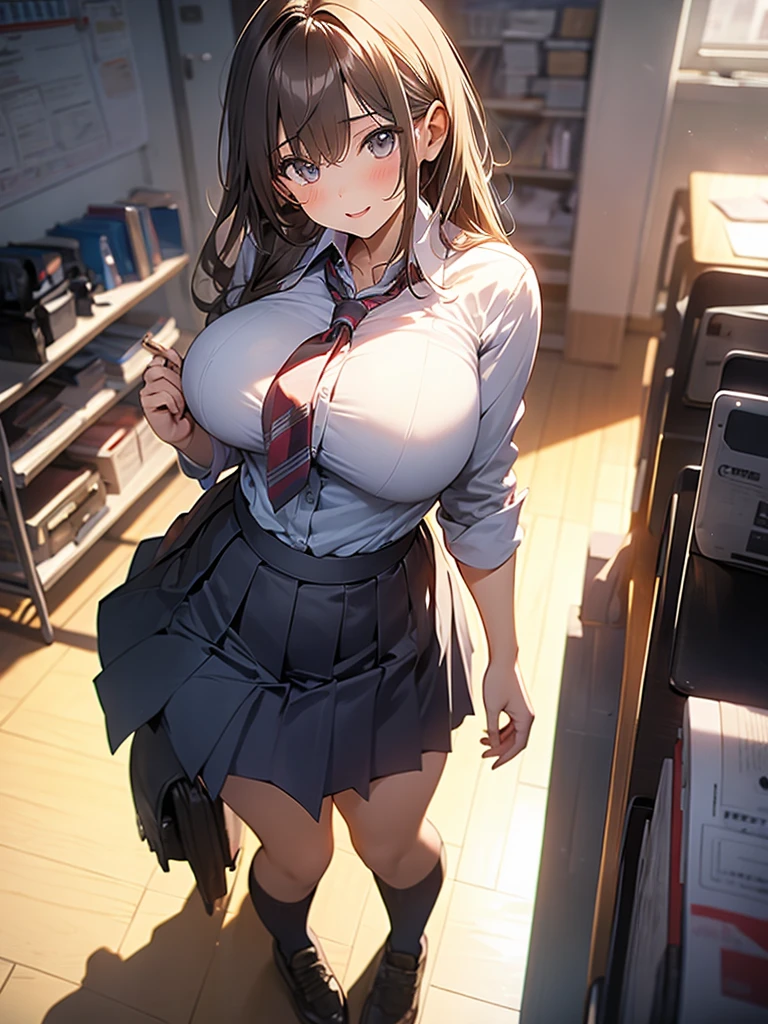 1 Girl, solo, Full Body, Breasts, Large Breasts, Big Breasts, in a school uniform