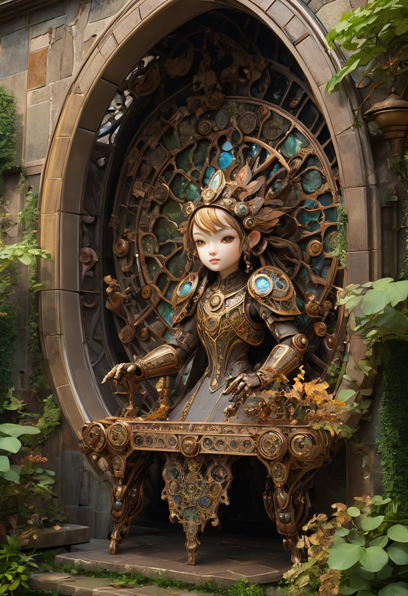 A robotic clockwork fairy. All bronze, gears, crAFTSMAN STYLE. GLASS WINGS. masterpiece, best quality, highly detailed, solo, looking at viewer, smile, mechaical face, face sculpted bronze. Ultra HD, Rococo-Inspired Fantasy Art With Intricate Details. Cute, Charming Expression, Alluring-Gaze, looking at viewer Beautiful Eyes, An-Ideal-Figure. . slim waist, fit body, Warm lightssymmetrical face, photorealistic, photography, path tracing, specular lighting, volumetric face light, path traced hairmaximum quality{(masutepiece) (8K High Resolution) (top-quality) In the style of breath of the wild.medieval monastery garden,steampunk craftsman robot monk,beautiful ornate architecture,steampunk machinery and gears,exquisite stained glass windows,enchanted flower garden,ancient stone walkway with intricate carvings,glowing candles and dimly lit atmosphere,steam and smoke billowing from the machinery,mystical atmosphere,peaceful and serene setting,mechanical wings attached to the robot monk's back,robot monk with intricate clockwork mechanisms,electromechanical eyes glowing with energy,warm golden color palette,gentle sunlight streaming through the stained glass windows,whispering sound of wind and rustling leaves,the scent of aged books and incense,notes of ancient Gregorian chants echoing in the air,sense of awe and tranquility,combination of futuristic and medieval elements,harmony of technology and spirituality.