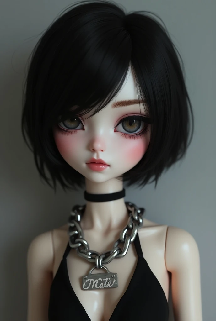 Create a blythe doll, white, but not very, skinny, black sharp hair, eyes a little large and pulled and dark brown, with a small mouth, with fringe on the side and with eyeliner and black eye pencil, with piercing in the septum, and the piercing snake bite in the mouth