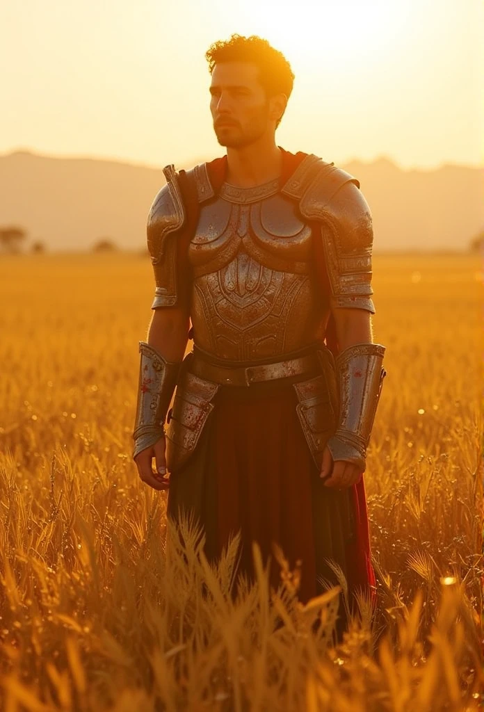 ((masterpiece)) ((photography)) ((Highest quality)) ((kinetic)) Ultra-realistic, cinematic scene inspired by the movie *Gladiator*. A weary, wounded gladiator, portrayed by actor ((Russell Crowe)), stands alone in a golden wheat field. His armor is worn and blood-stained, and he appears exhausted, gazing into the distance with a mix of resilience and sorrow. The warm, late afternoon sunlight casts a soft, nostalgic glow over the scene, creating an emotional and powerful atmosphere.